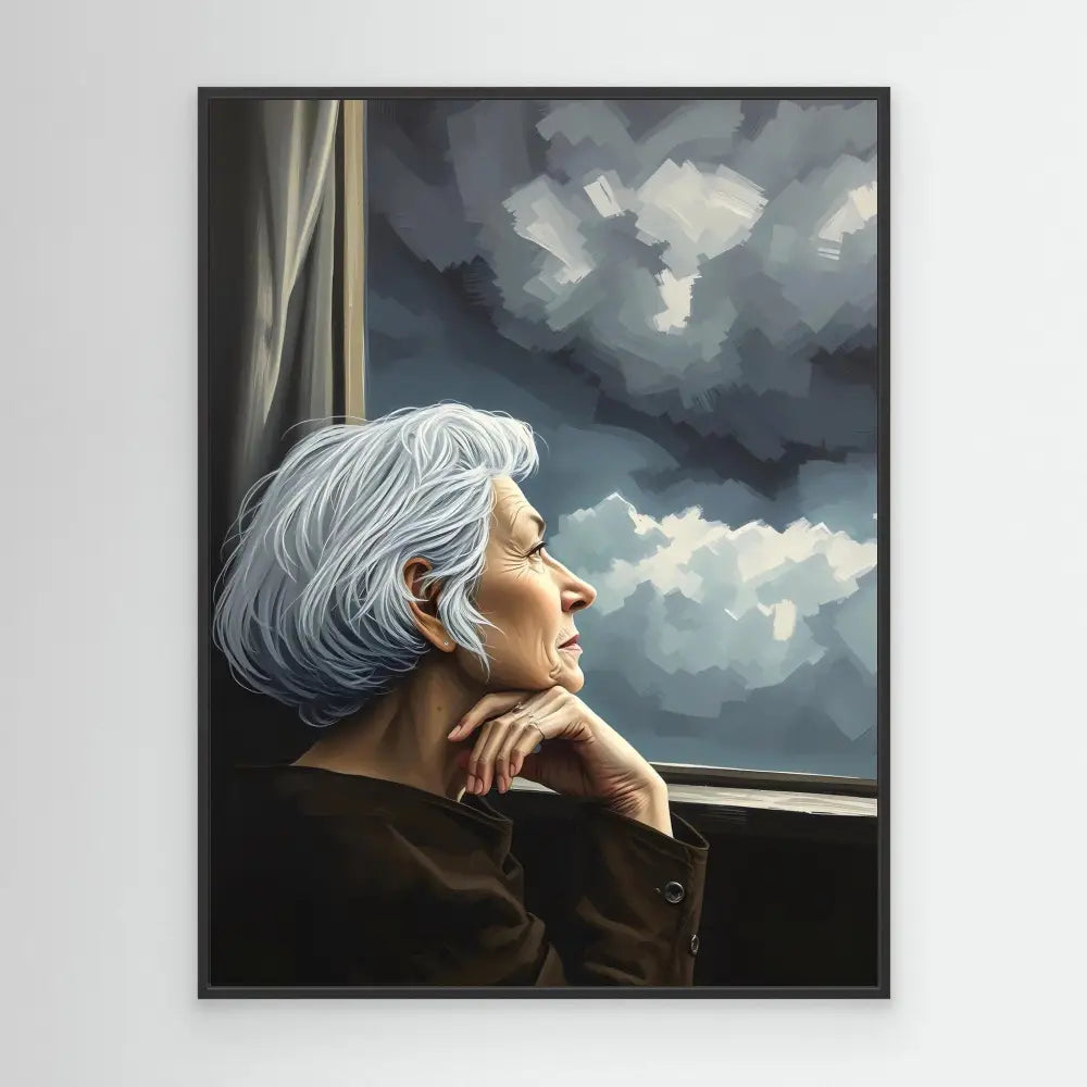 A contemplative elderly woman with silver hair gazing out a window.