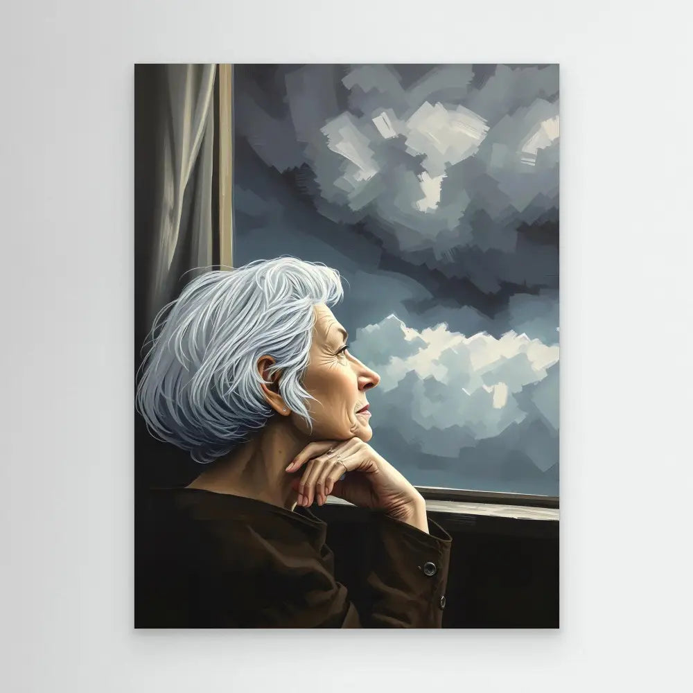 A contemplative figure with silver hair gazes out a window.