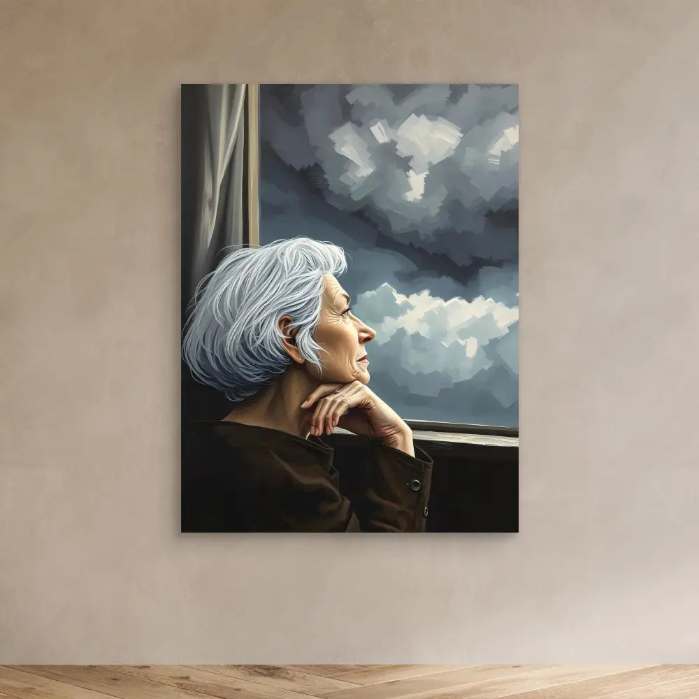 A contemplative figure with silver hair gazing at stormy clouds through a window.