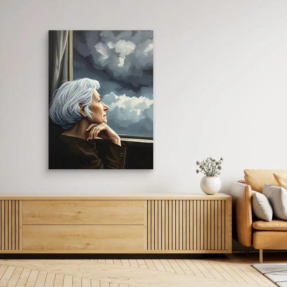 A contemplative portrait painting of a silver-haired figure gazing out a window against stormy clouds.