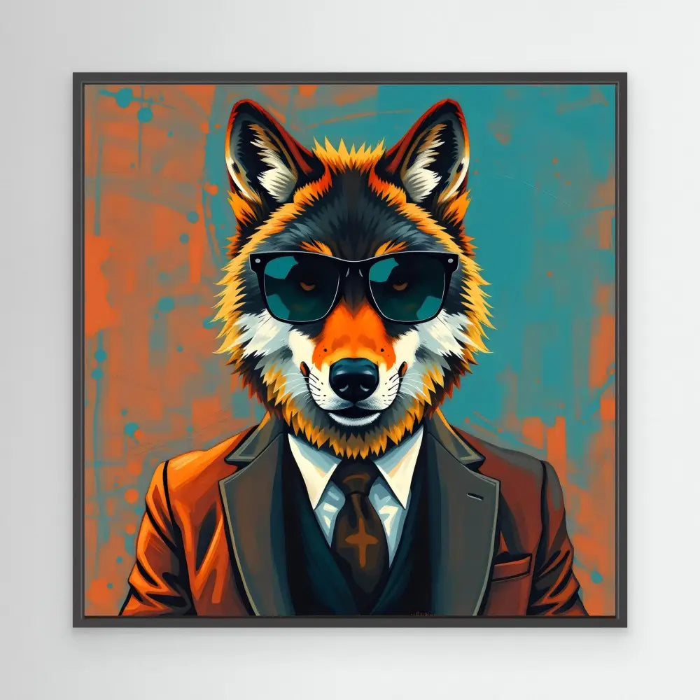 Cool fox wearing sunglasses, a suit and tie in a stylized pop art portrait.