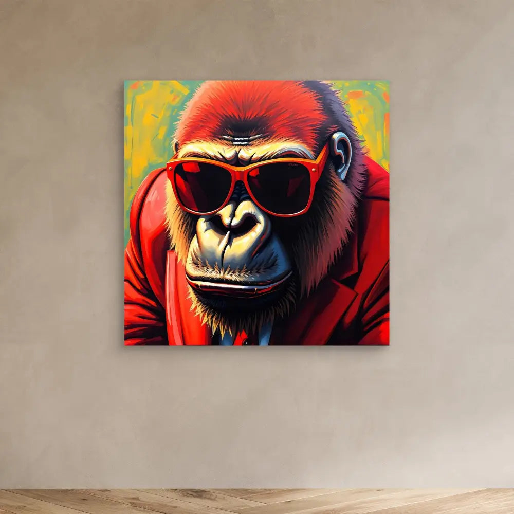 Cool gorilla wearing red sunglasses and a red hoodie in pop art style.