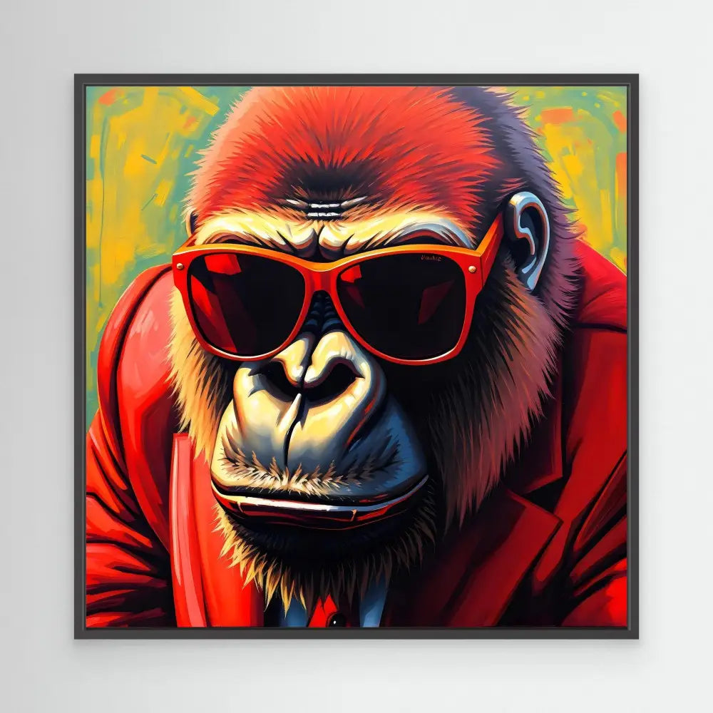 Cool gorilla wearing red sunglasses and a red jacket.