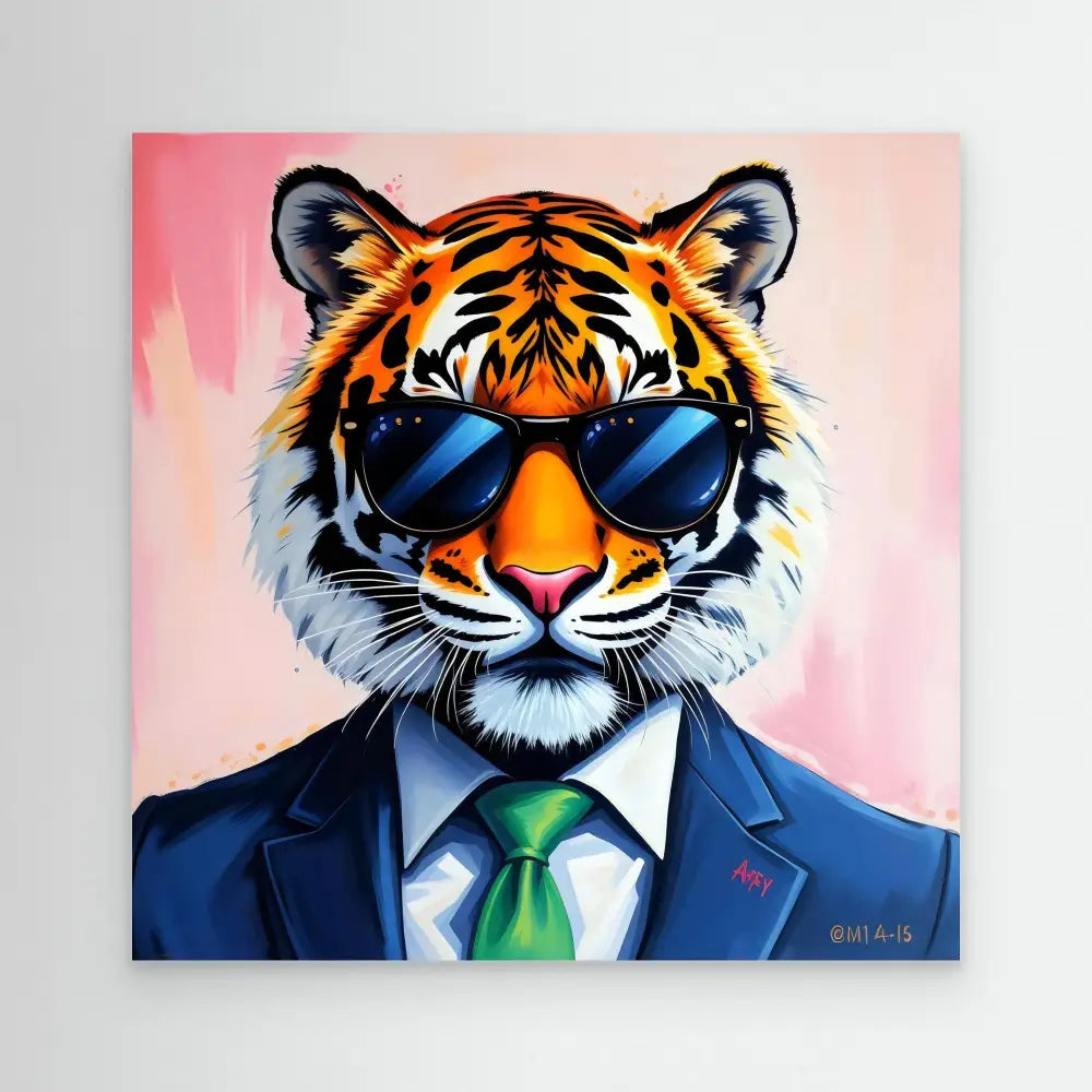 Cool tiger wearing sunglasses, a navy suit, and a green tie.