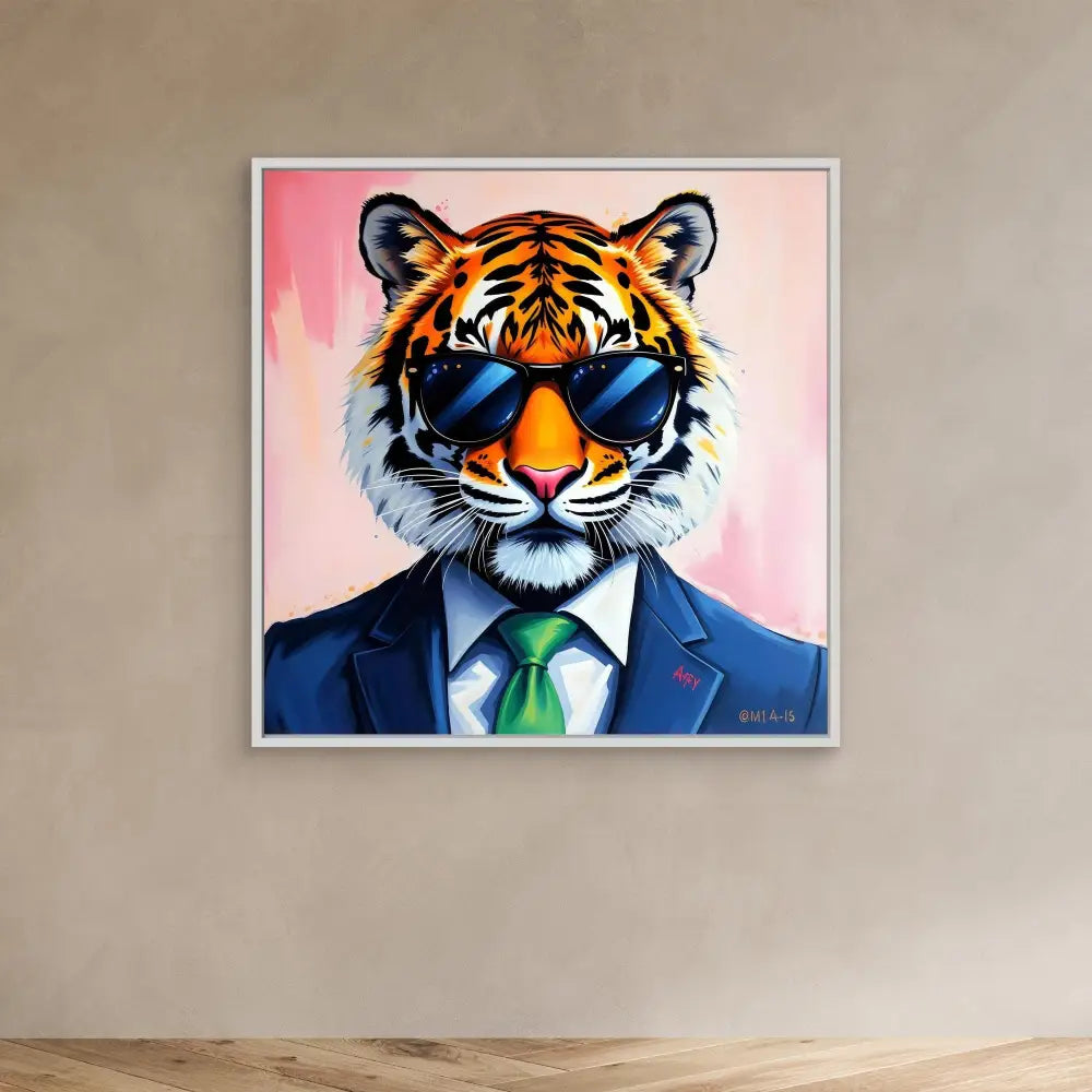 Cool tiger wearing sunglasses, a navy suit and green tie in a pop art style portrait.