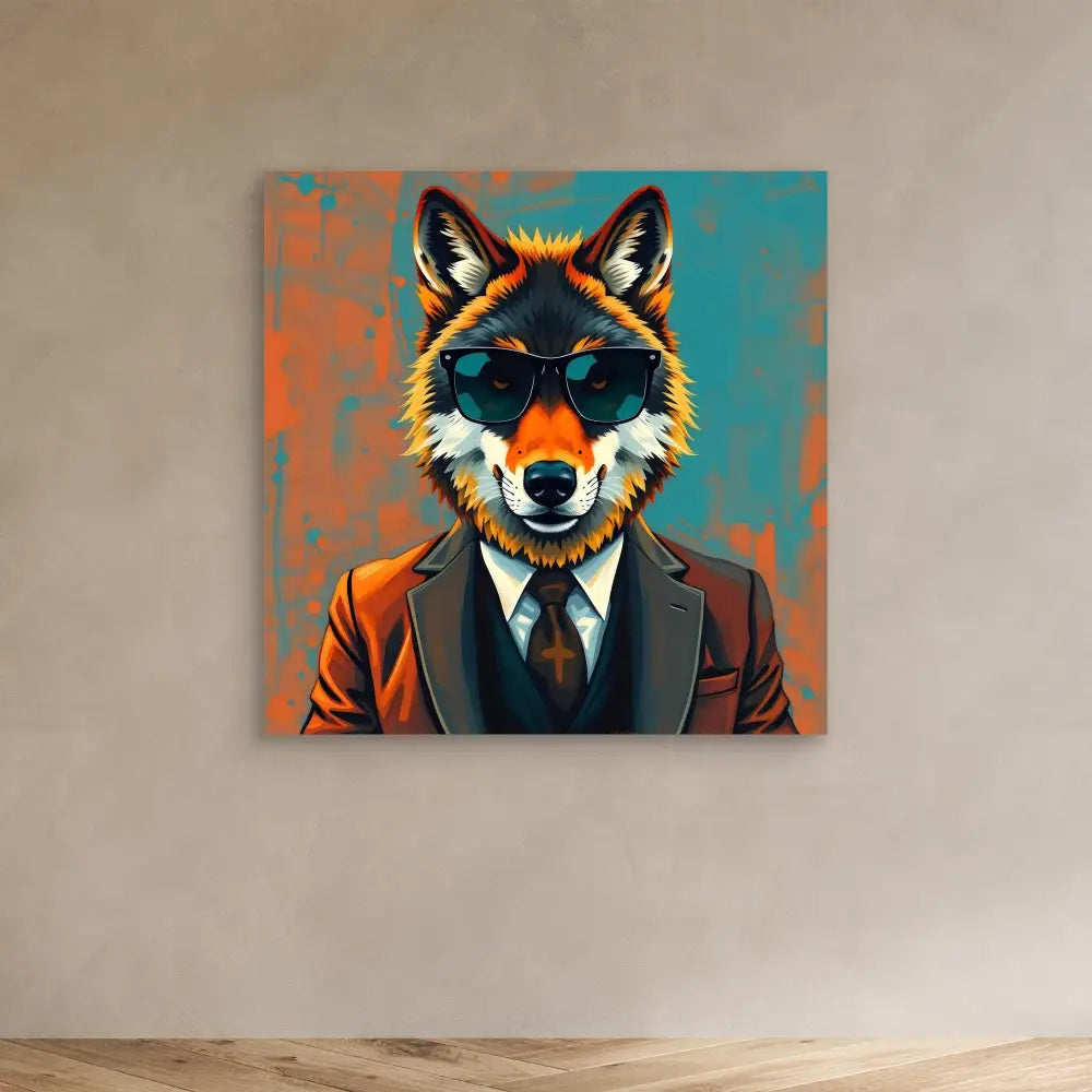 Cool wolf wearing sunglasses, a suit and tie in a stylized pop art portrait.