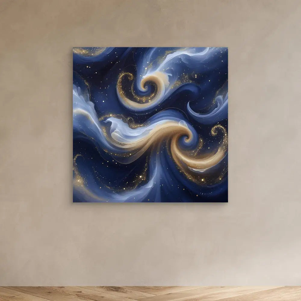 Swirling cosmic pattern with blue and gold nebulous spirals dotted with stars.