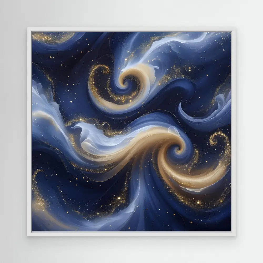 Swirling cosmic pattern with golden and blue nebulous clouds intertwined in spiral formations.