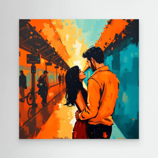 A couple embracing in silhouette against vibrant orange and teal colors.