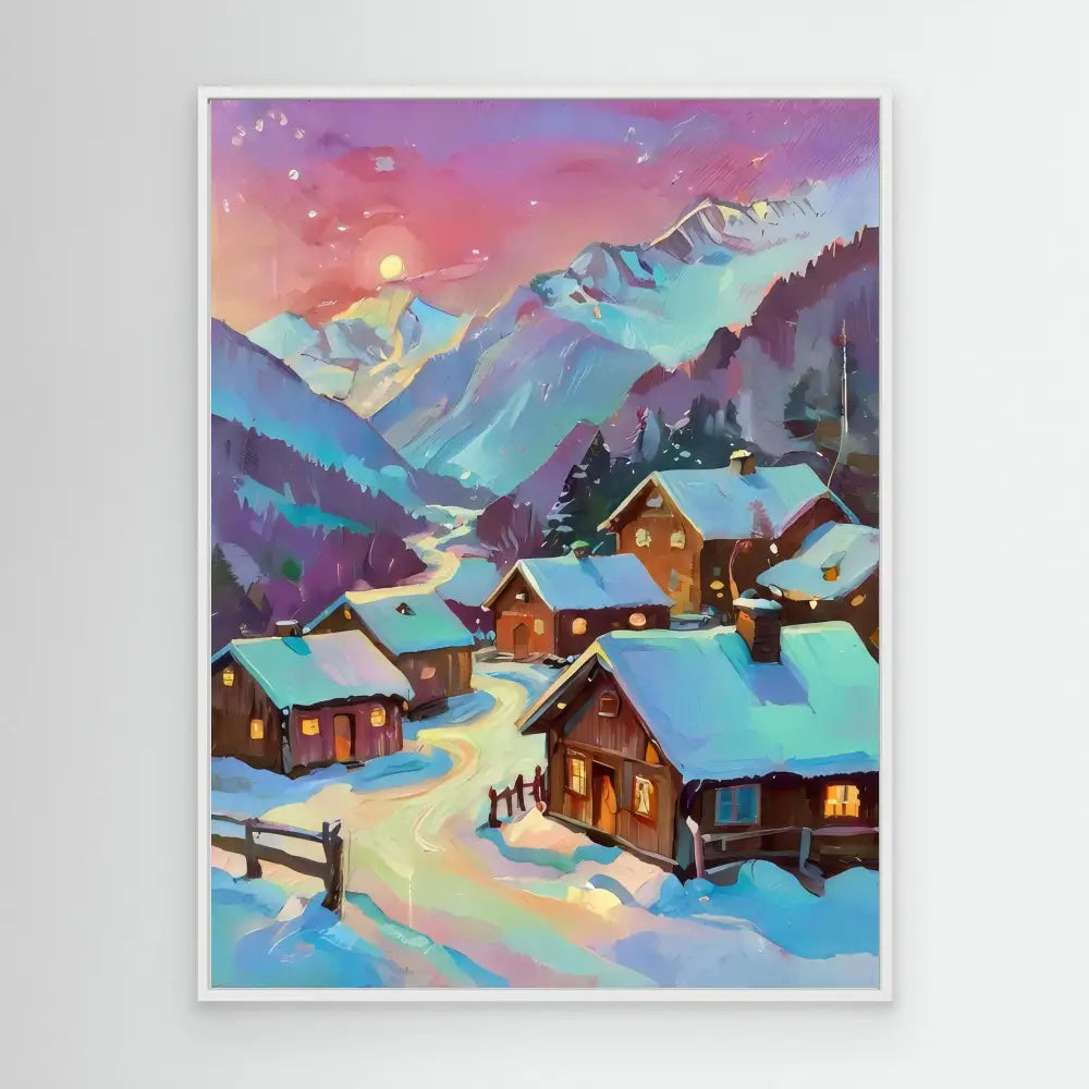 Cozy winter village nestled in snowy mountains at sunset.