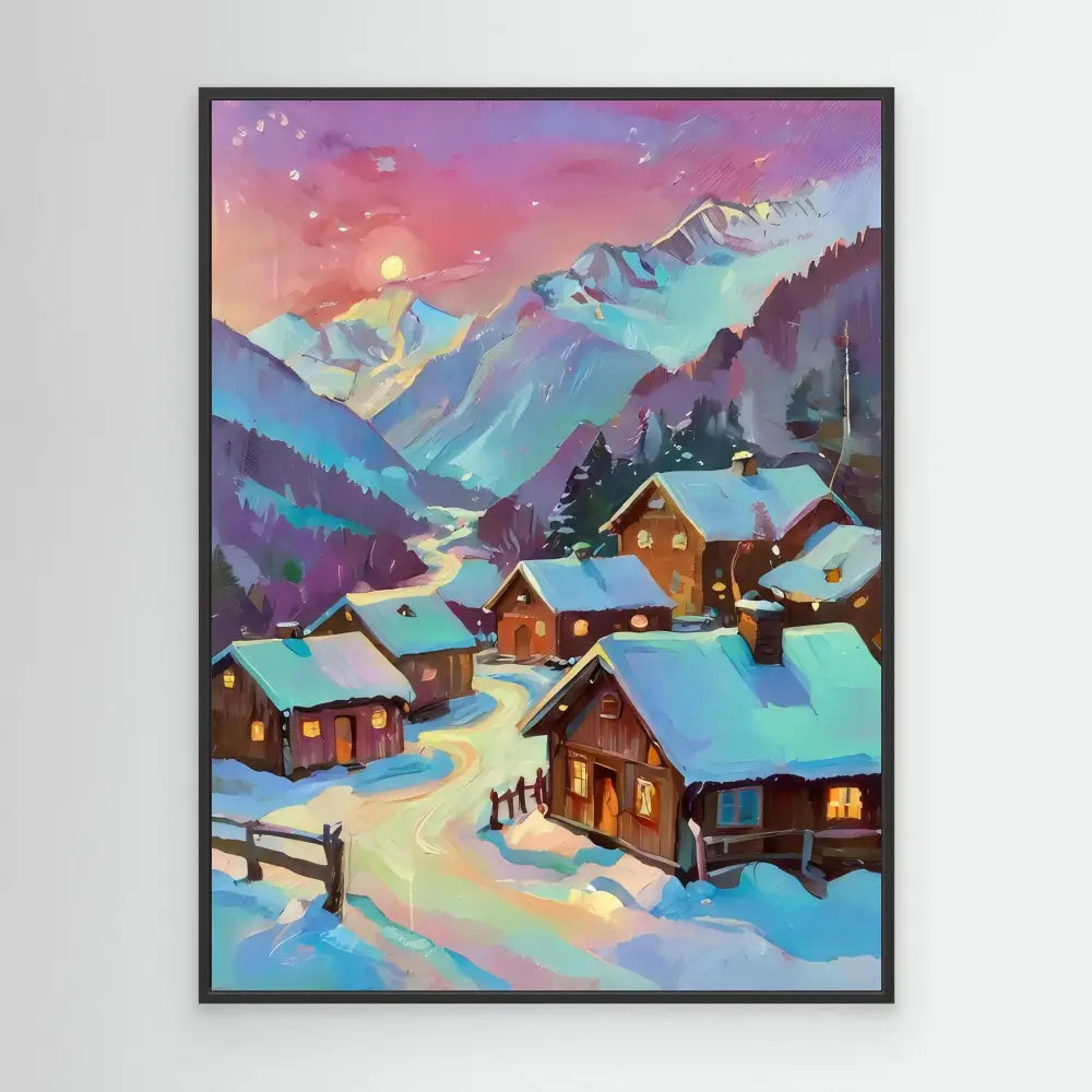 Cozy winter village nestled in snowy mountains with glowing cabin windows at dusk.