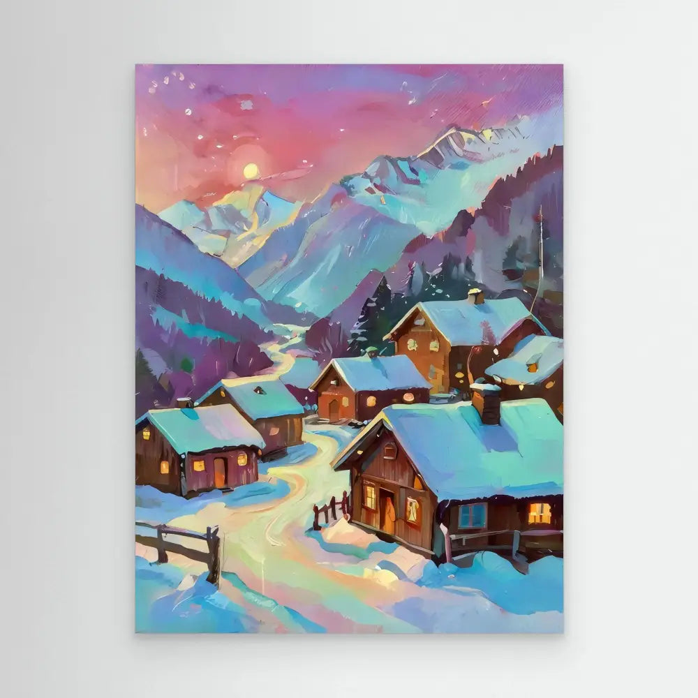 Cozy winter village nestled in snowy mountains at sunset.