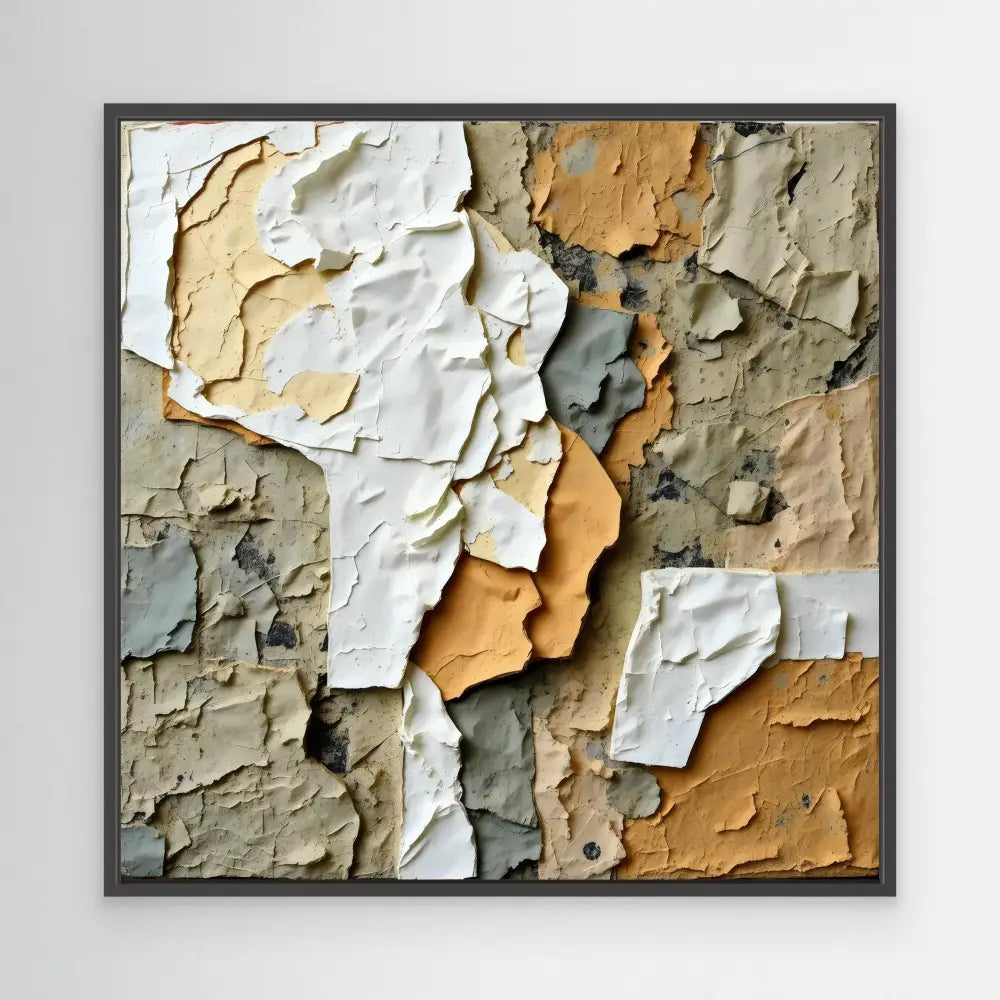 Peeling and cracked layers of paint in white, orange, and gray tones.