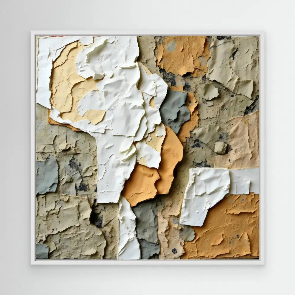 Peeling and cracked layers of paint in white, orange, and gray tones.