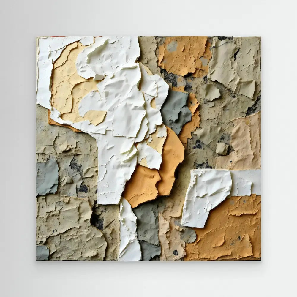 Peeling and cracked paint layers in white, orange, and gray tones creating an abstract textural pattern.