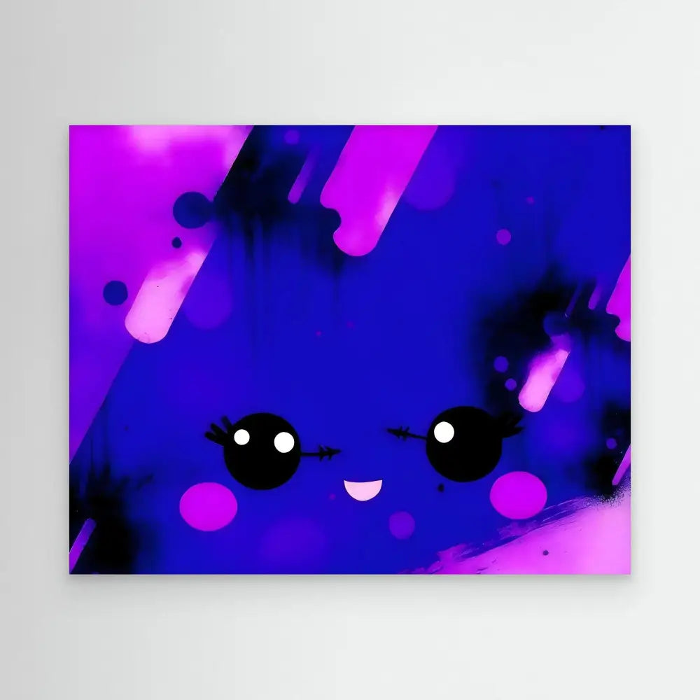 Cute cartoon face with round black eyes and a small smile against purple and blue colors.