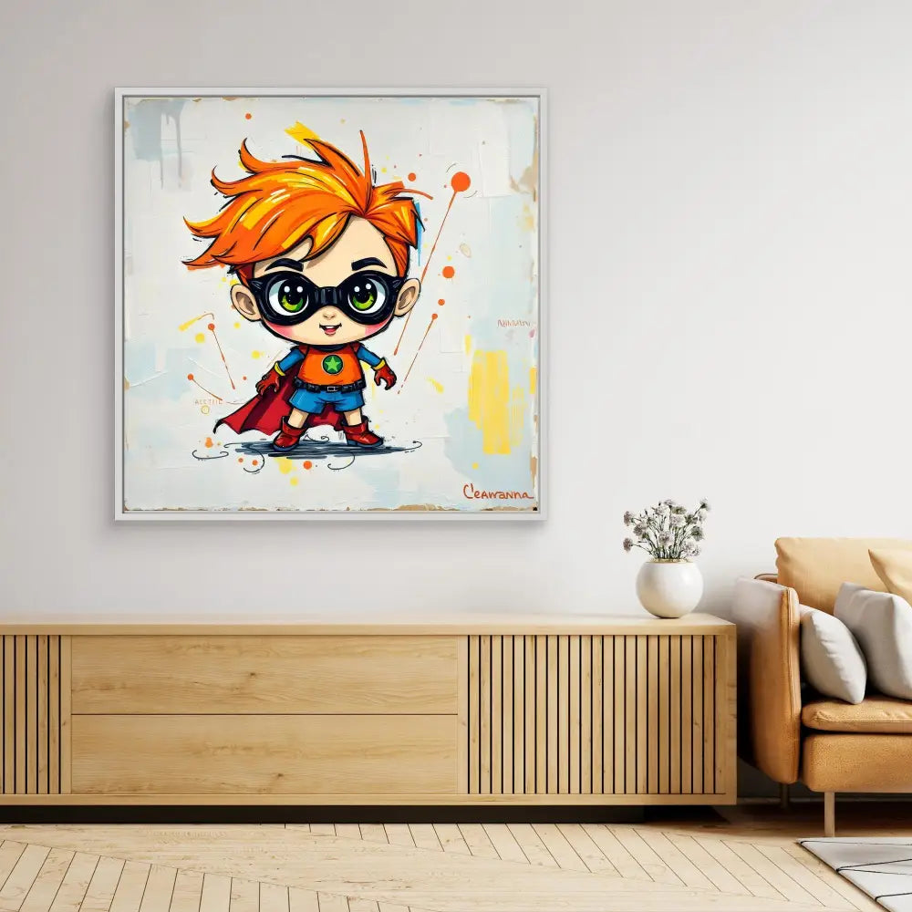 Cute cartoon superhero character with spiky orange hair wearing a mask and cape.