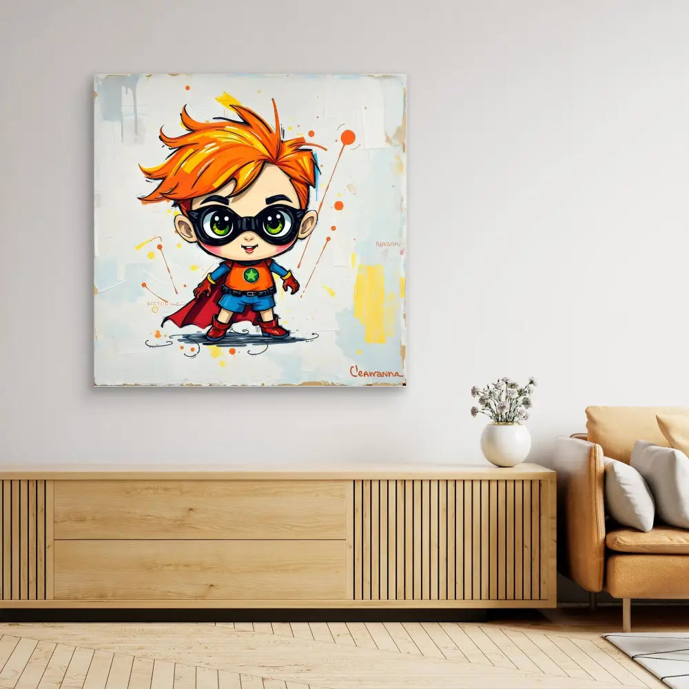 Cute cartoon superhero character with spiky orange hair wearing a mask and cape.