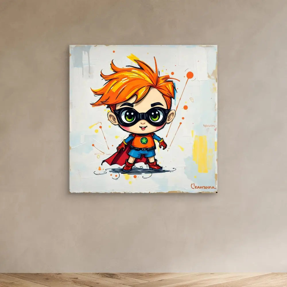 Cute cartoon superhero character with spiky orange hair and glasses wearing a cape.