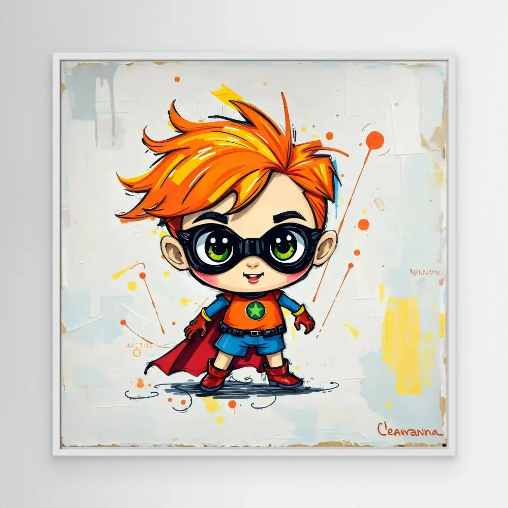 Cute cartoon superhero character with spiky orange hair, glasses, and a red cape.