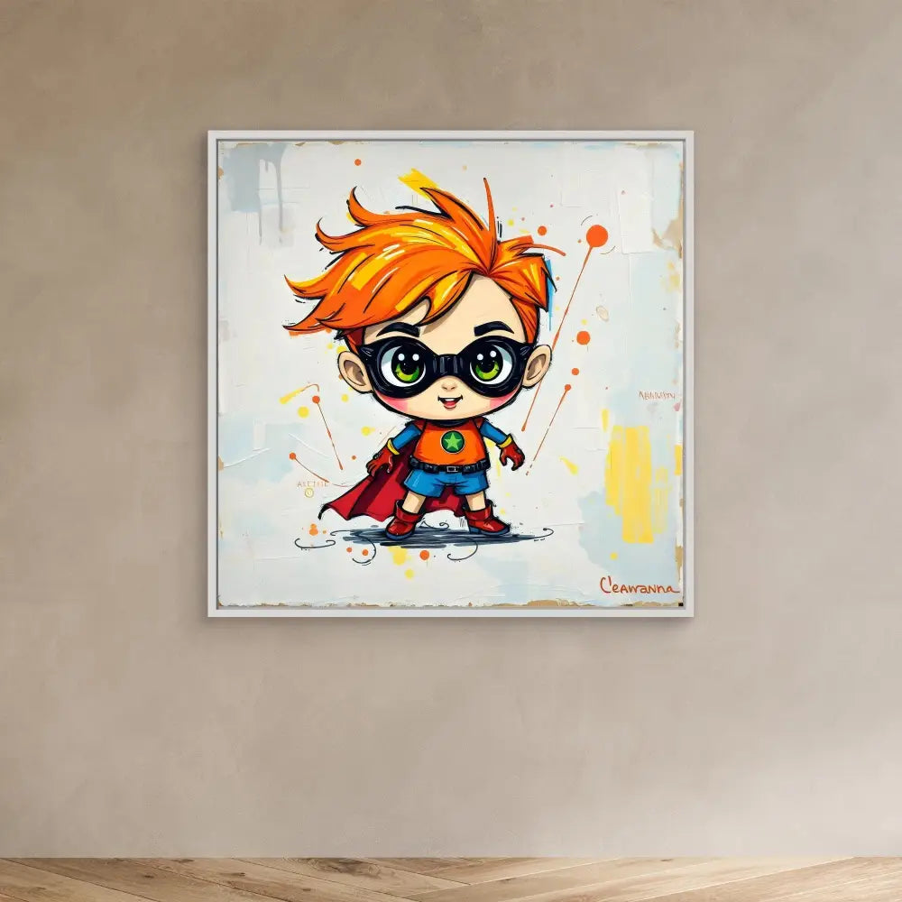 Cute cartoon superhero character with spiky orange hair and glasses wearing a blue and red costume.