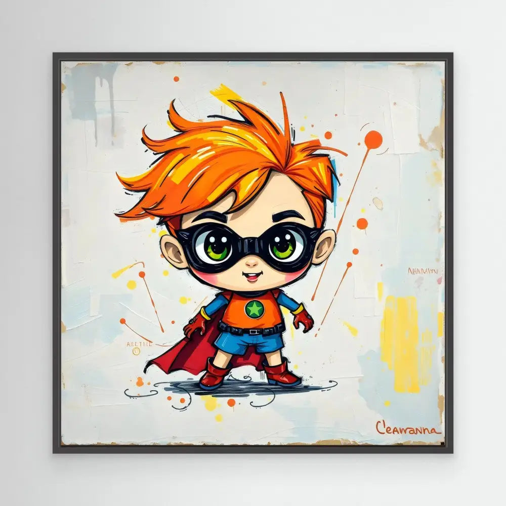 Cute cartoon superhero with spiky orange hair, glasses, and a red cape.