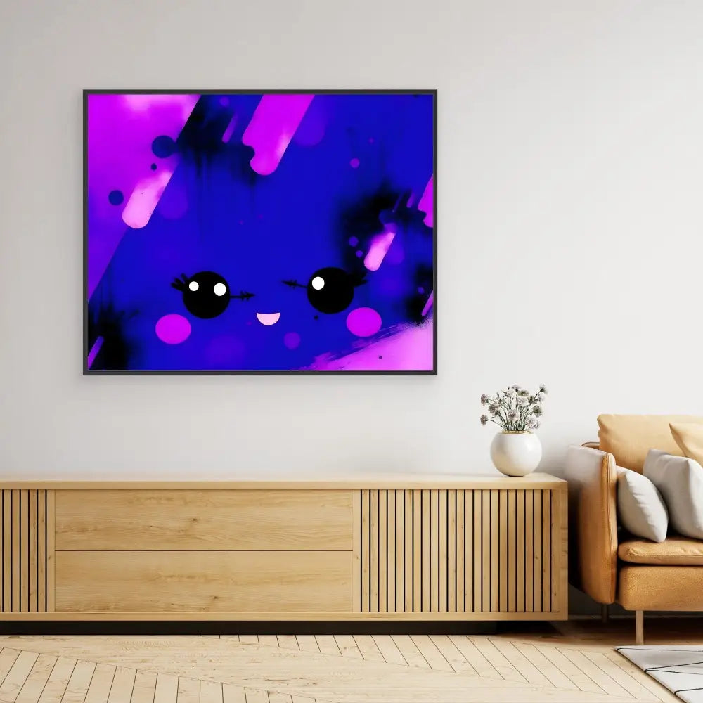 A cute kawaii-style artwork with glowing eyes and a smile against purple and blue colors.