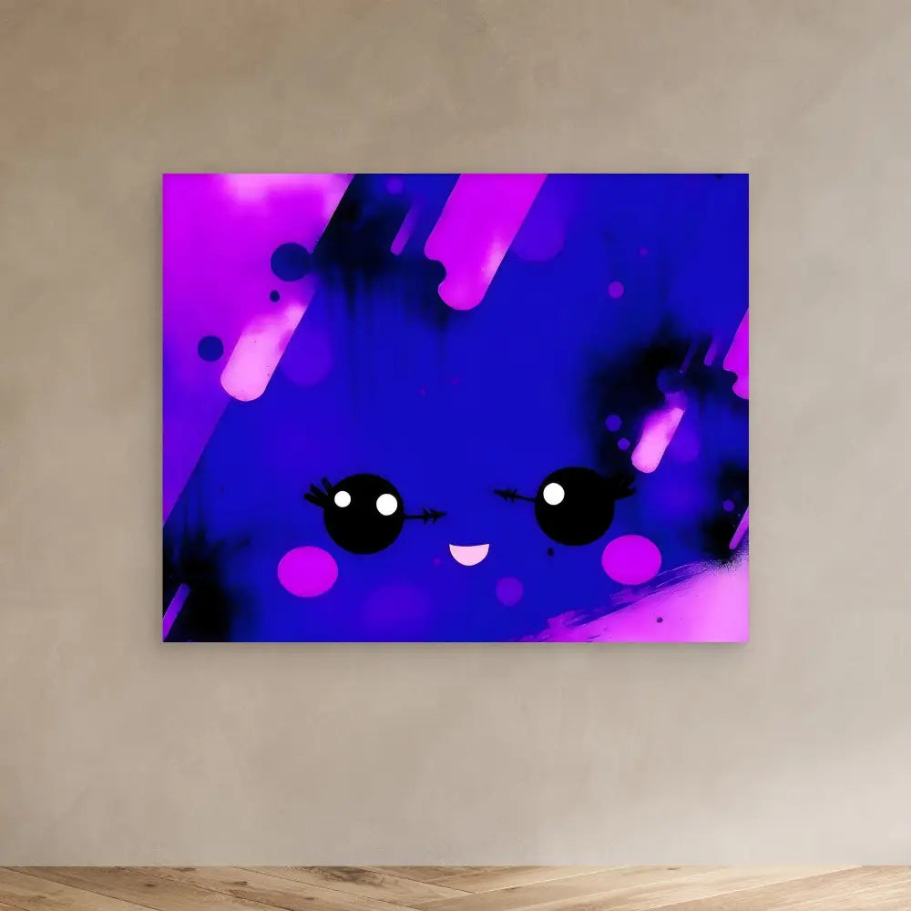 A cute kawaii-style face with round black eyes and a small smile against purple and blue colors.