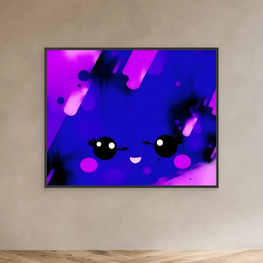 Cute kawaii-style face with round black eyes and a small smile against purple and blue colors.