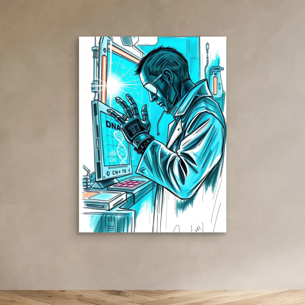 Cyberpunk-style artwork of a figure examining a glowing mechanical hand in a turquoise color scheme.