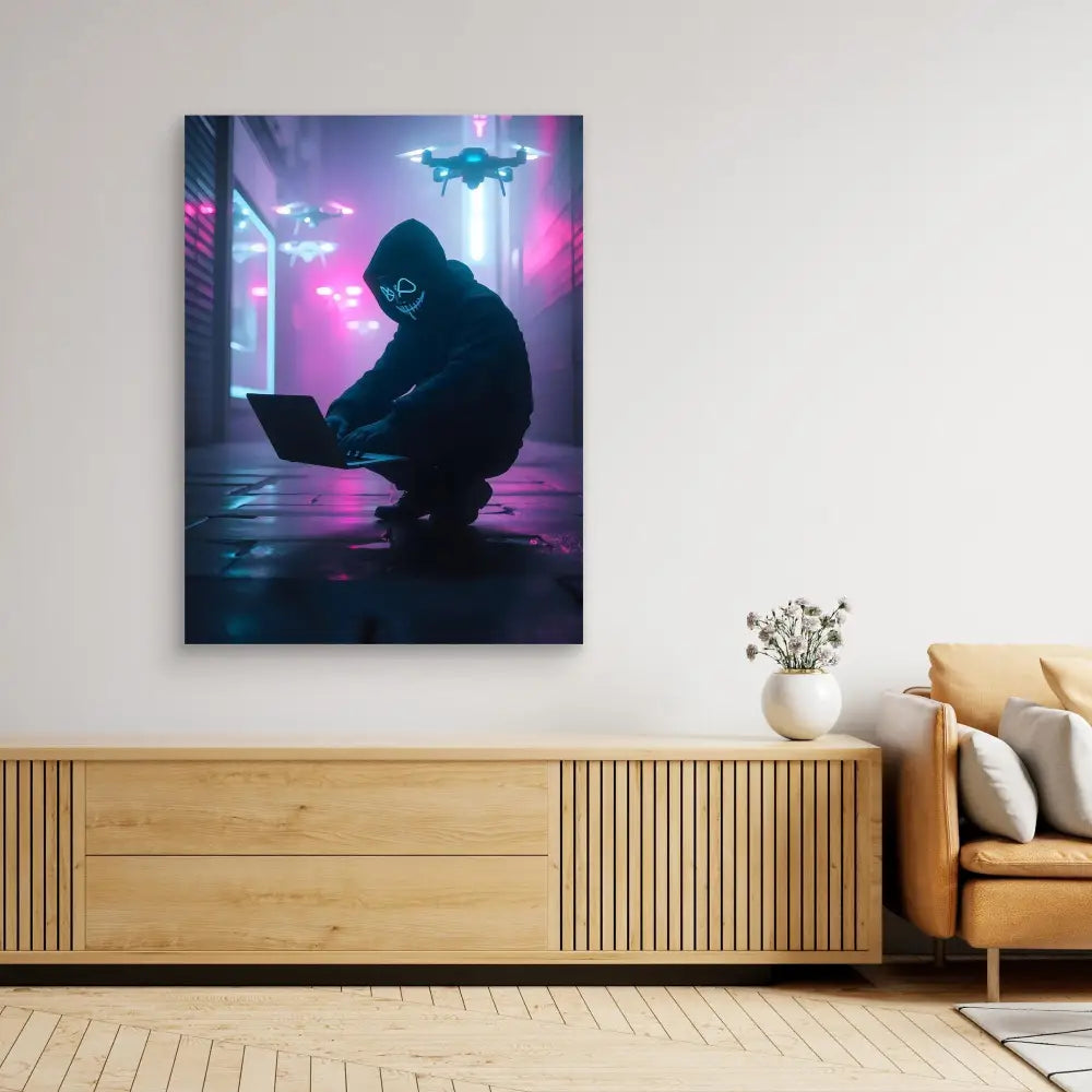 A cyberpunk-style canvas print showing a hooded figure crouching with a laptop while drones hover above.