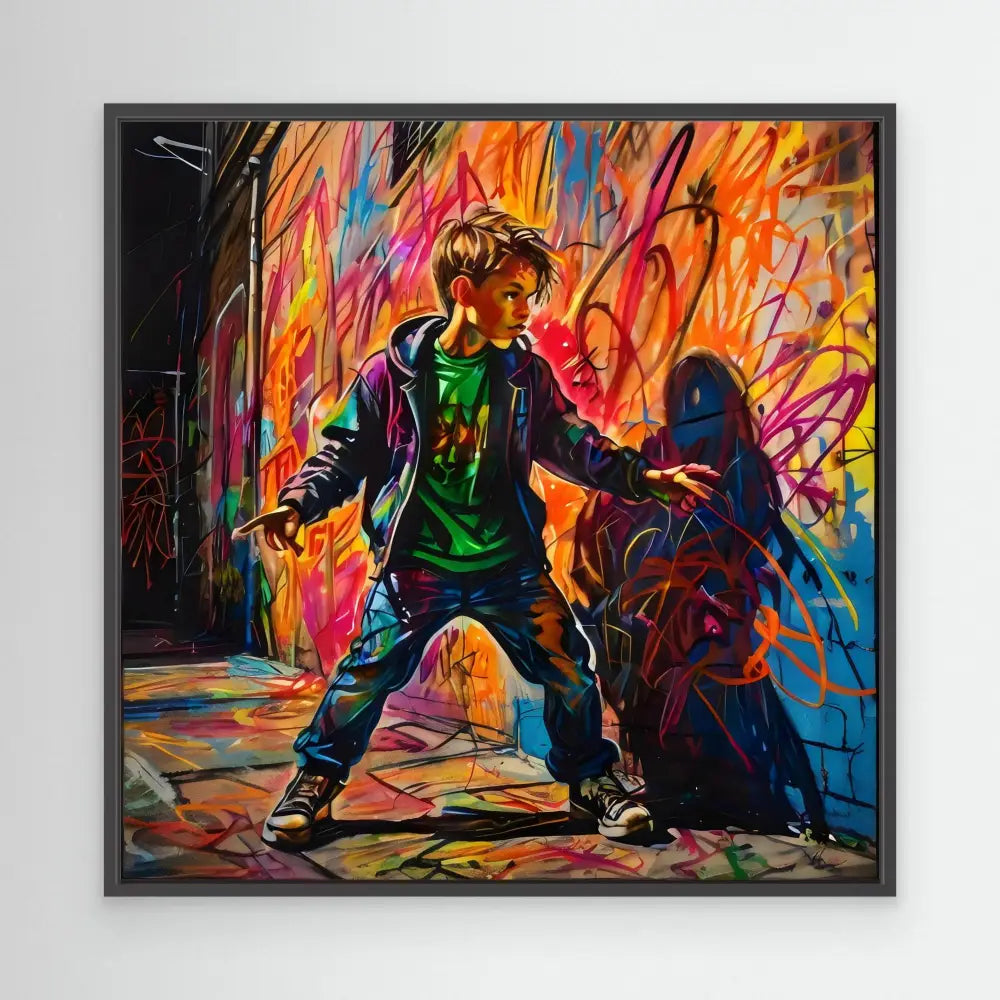 A dancer in casual clothing strikes a dynamic pose against vibrant graffiti-style artwork.