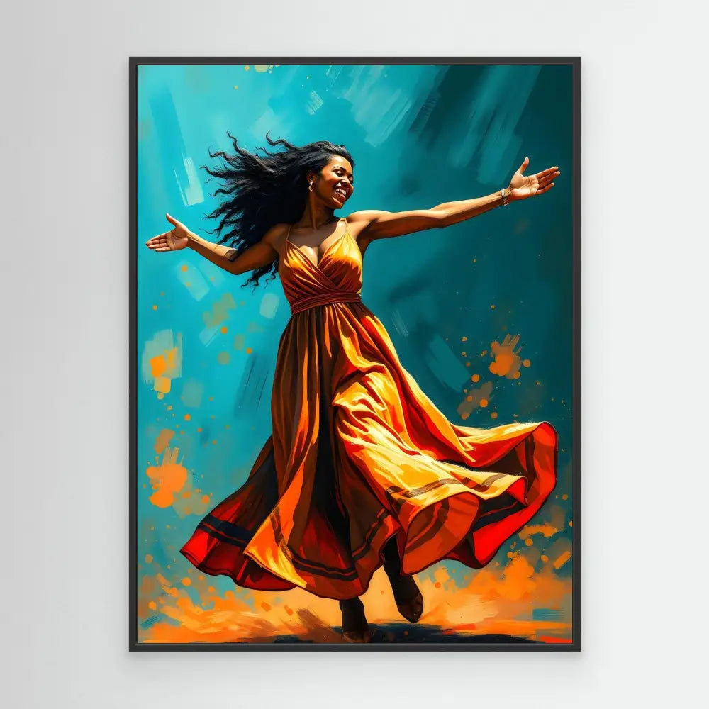 A dancer in a flowing orange dress with arms outstretched in an expressive pose.