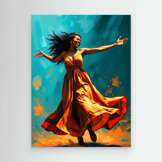 A dancer in a flowing orange dress with arms outstretched and hair flowing in motion.