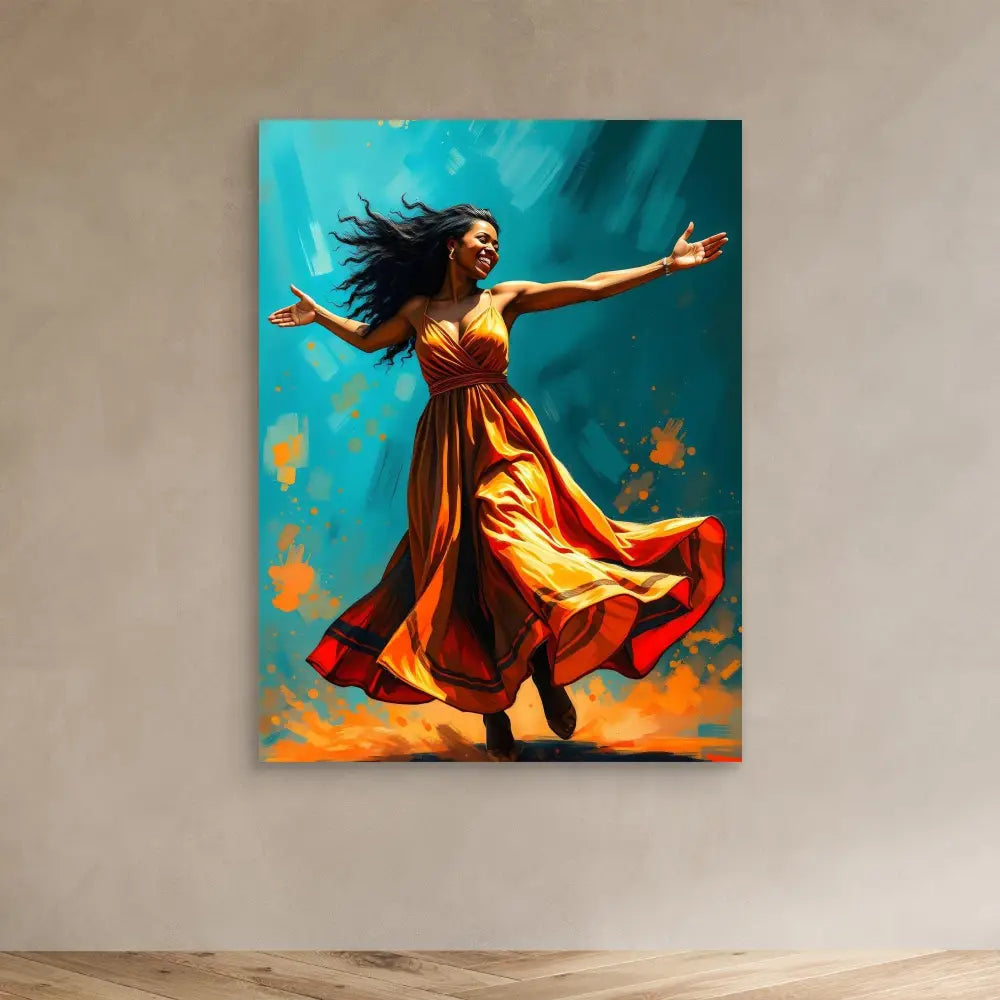 A dancer in a flowing orange-red dress with arms outstretched in an expressive pose.