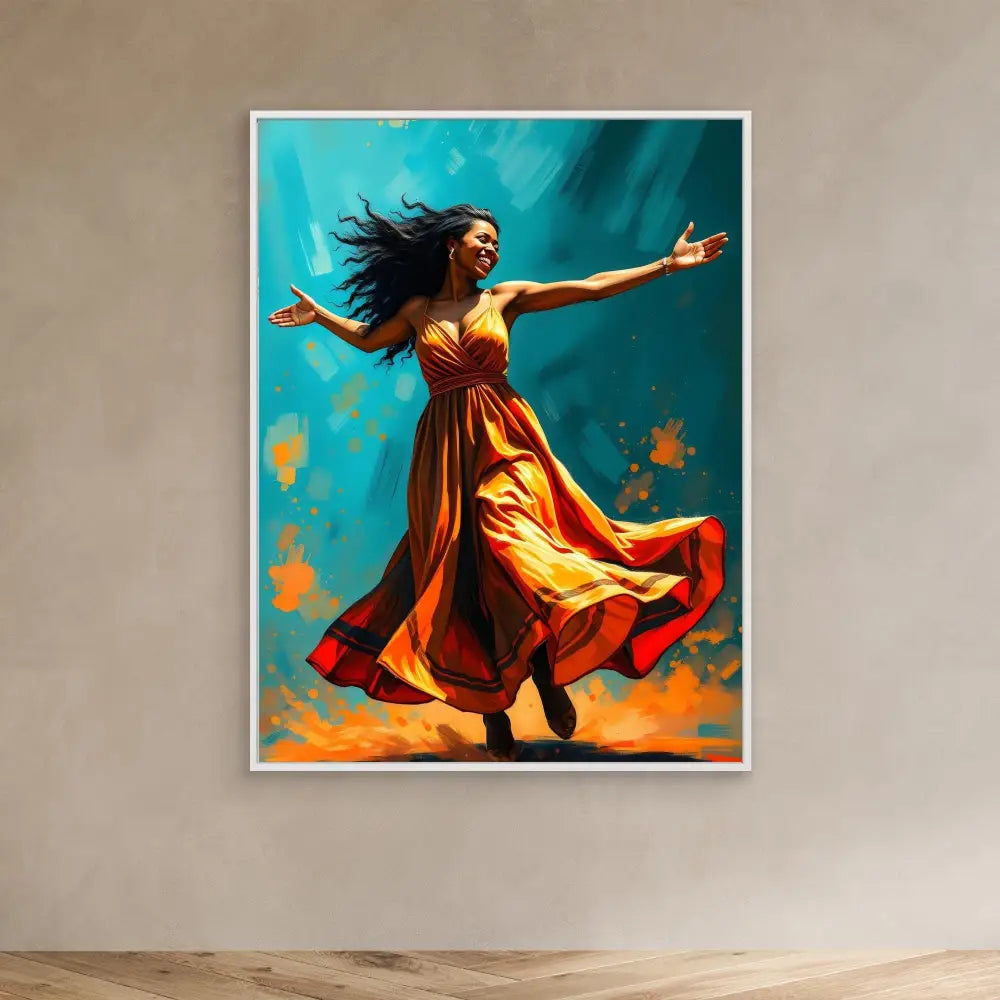 A dancer in a flowing orange-red dress moves with outstretched arms against a turquoise backdrop.