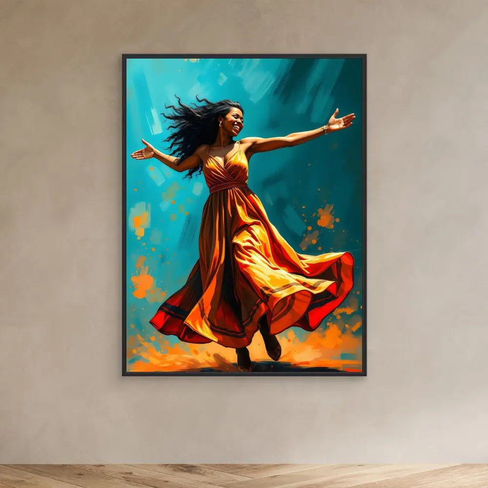 A dancer in a flowing red-orange dress with arms outstretched in an expressive pose.