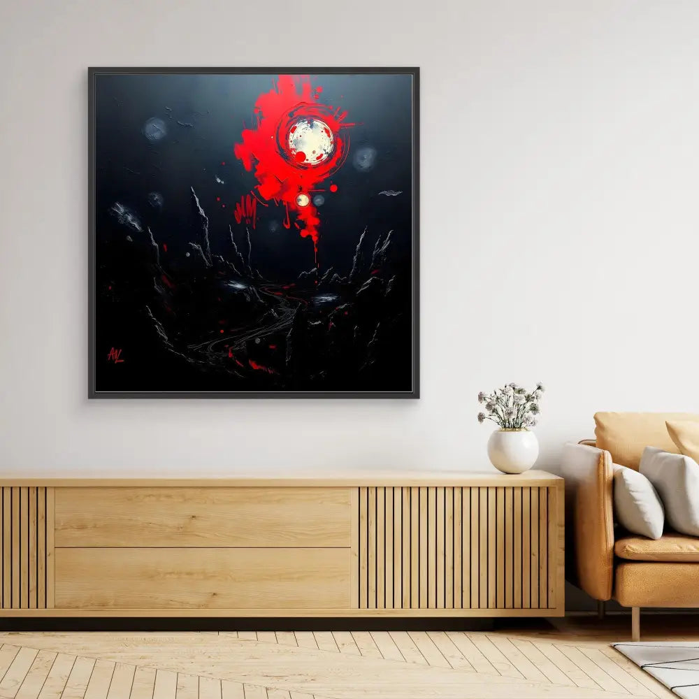 Dark abstract painting with a striking red splash against a black background.