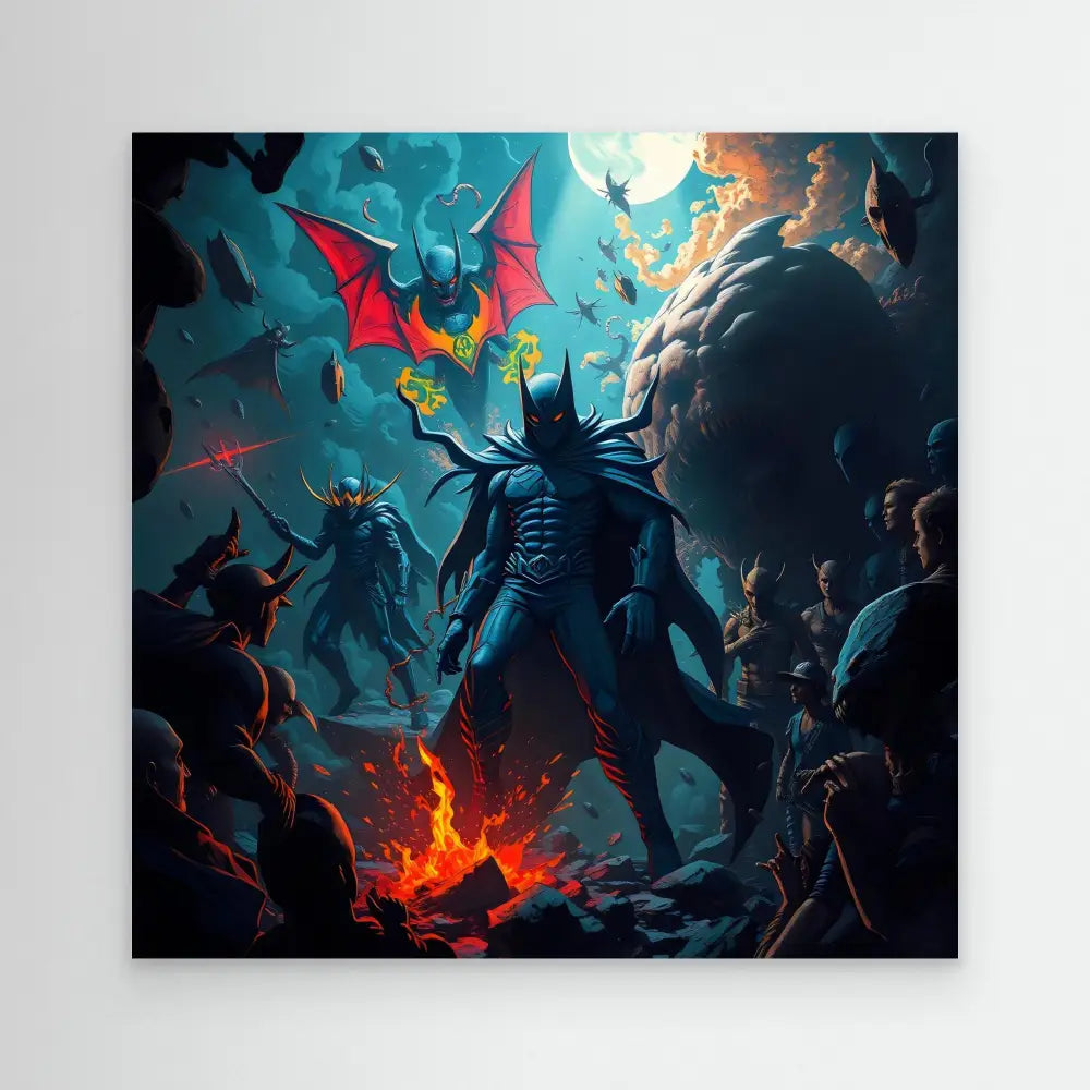 Dark armored figure with a cape stands menacingly amidst flames and flying creatures.