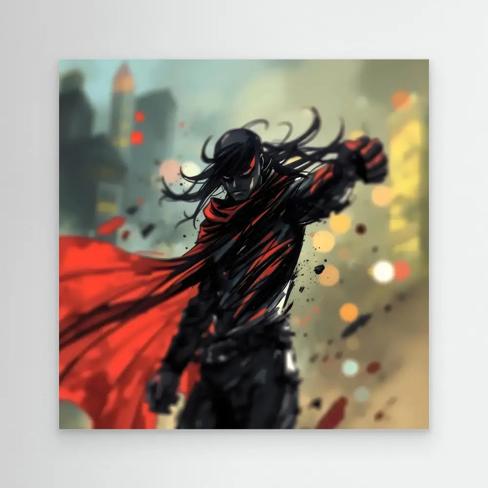 Dark armored warrior with flowing black hair and a dramatic red cape in motion.