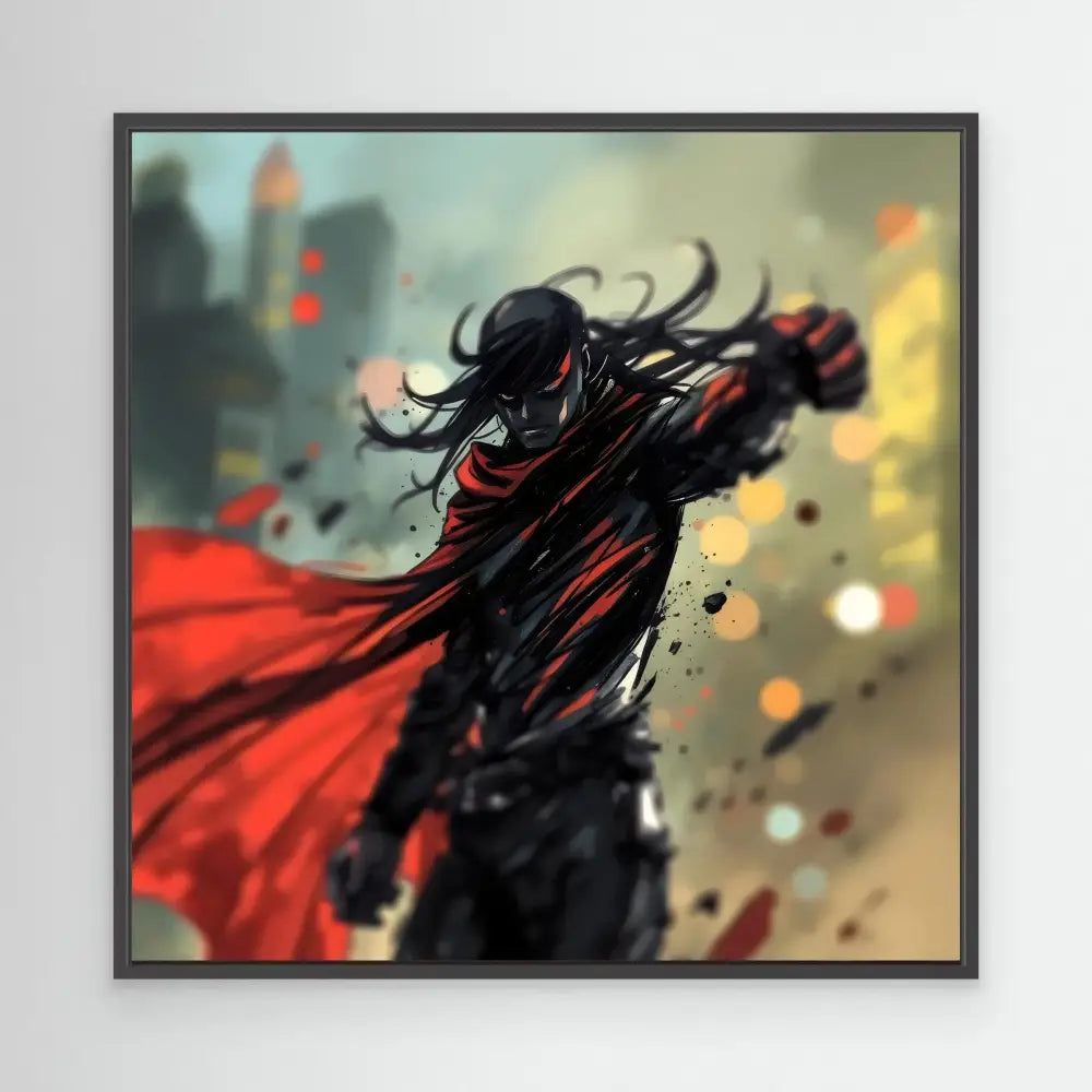 Dark armored warrior with flowing red cape and black hair caught in dramatic motion.