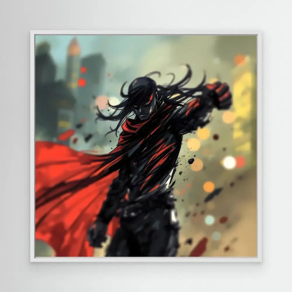 Dark armored warrior with flowing red cape caught in dramatic motion.