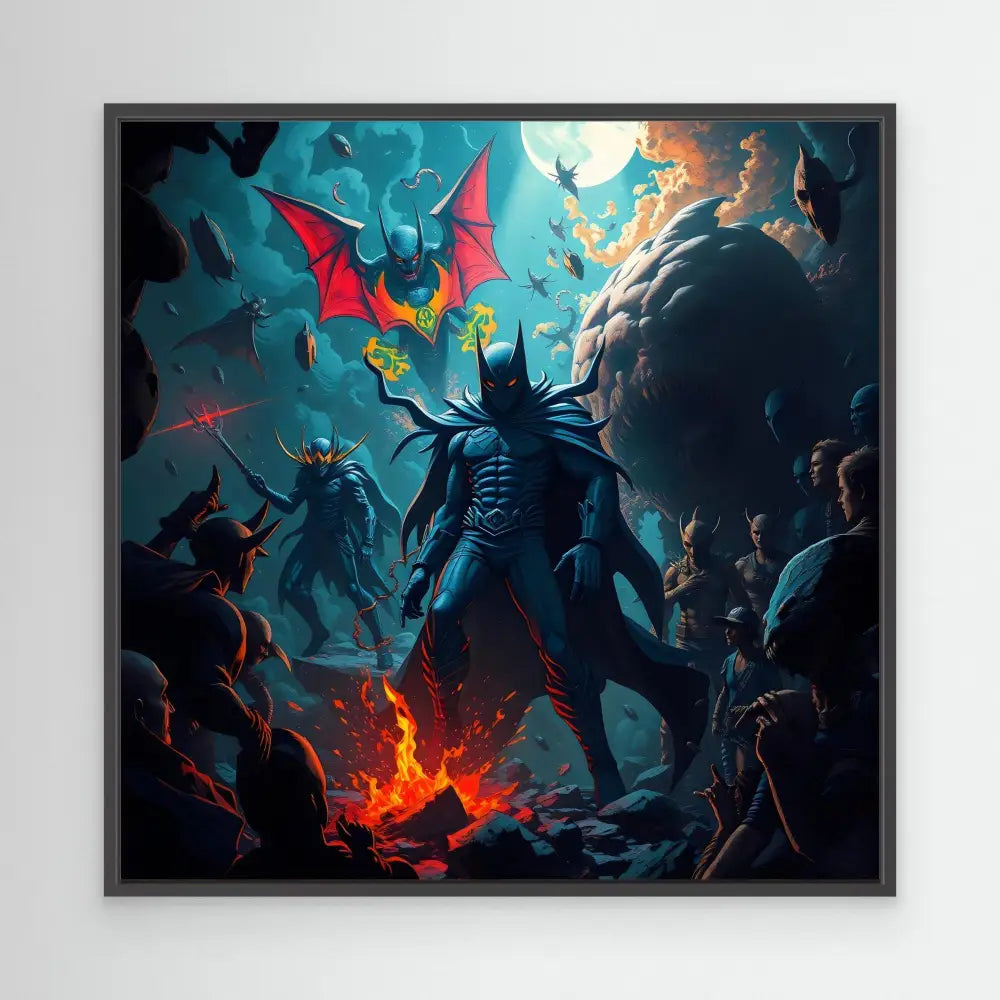 Dark armored warrior stands menacingly with bat-like silhouettes surrounding them.