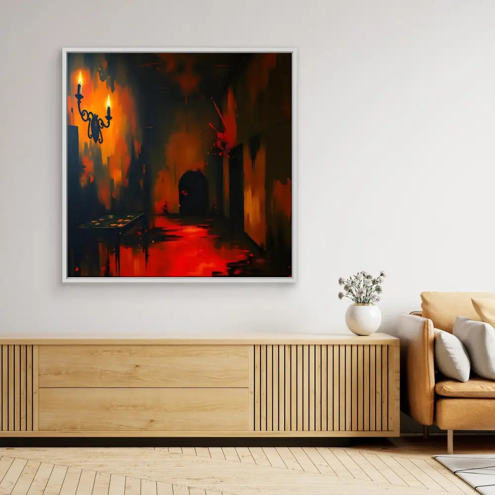 Dark atmospheric painting with orange and red tones depicting a medieval-style corridor with wall sconces.