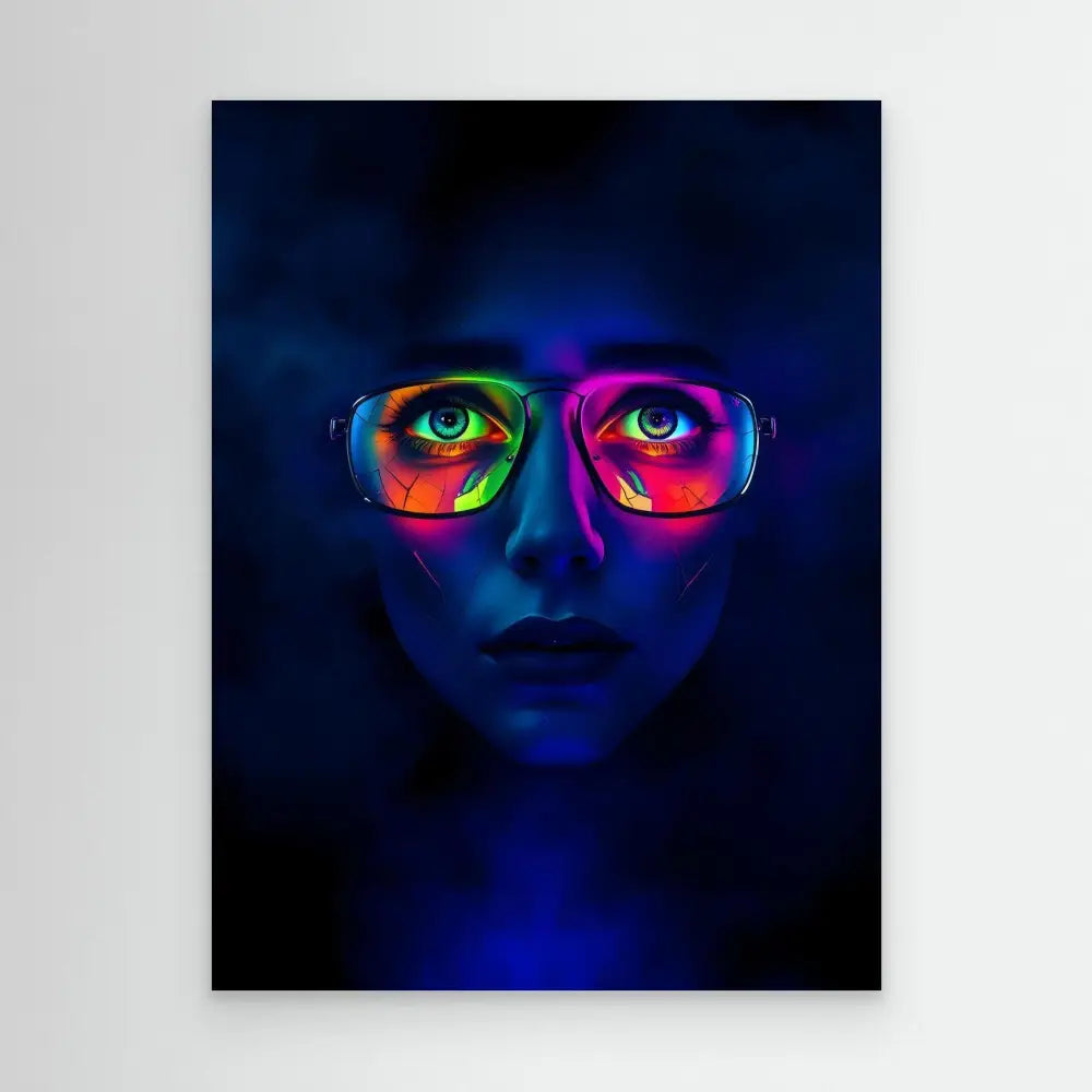 A dark blue portrait with glasses reflecting vibrant rainbow colors.