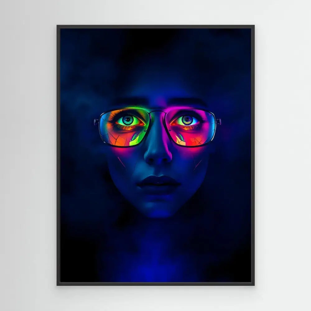 A dark blue portrait with neon-colored glasses reflecting vibrant rainbow patterns.