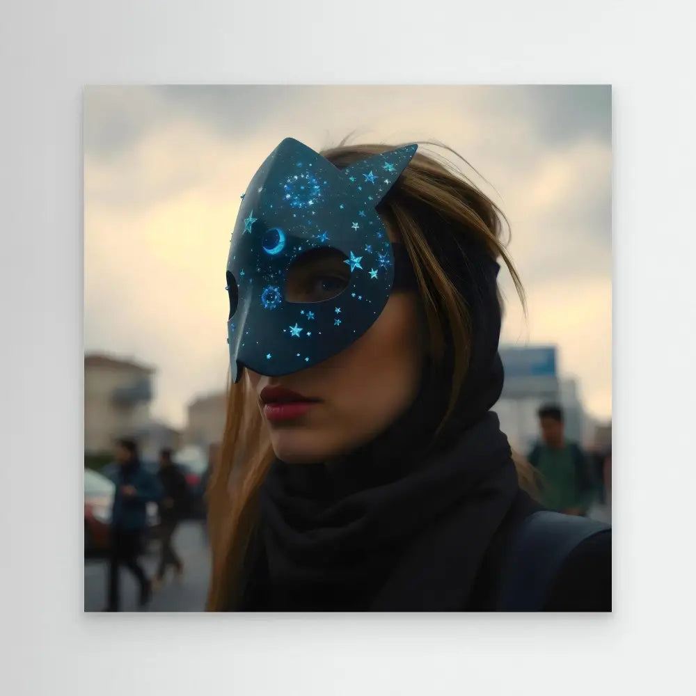 A dark blue sleep mask decorated with glowing celestial patterns.