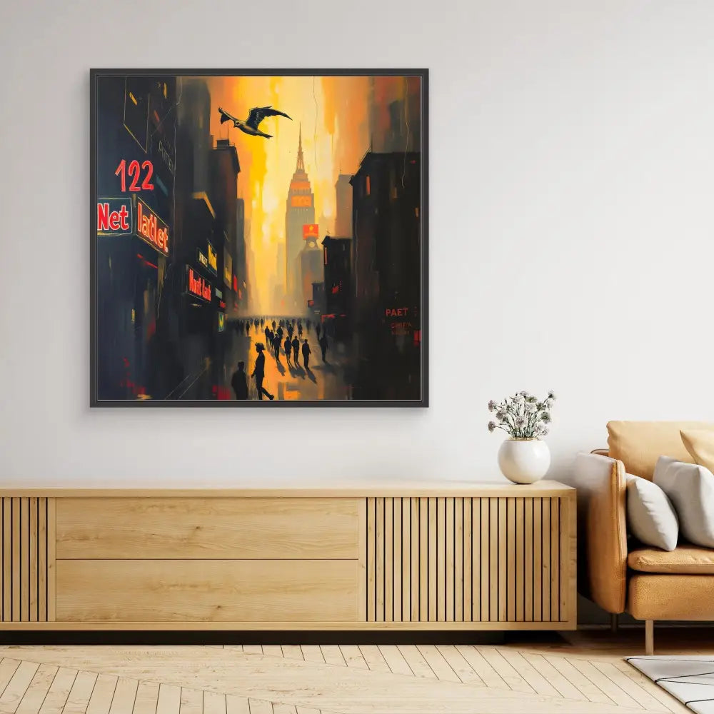 Dark cityscape painting with silhouettes against an orange sunset sky.