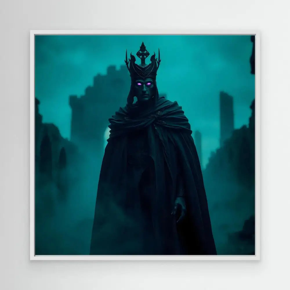 Dark cloaked figure wearing a spiked crown with glowing blue eyes.