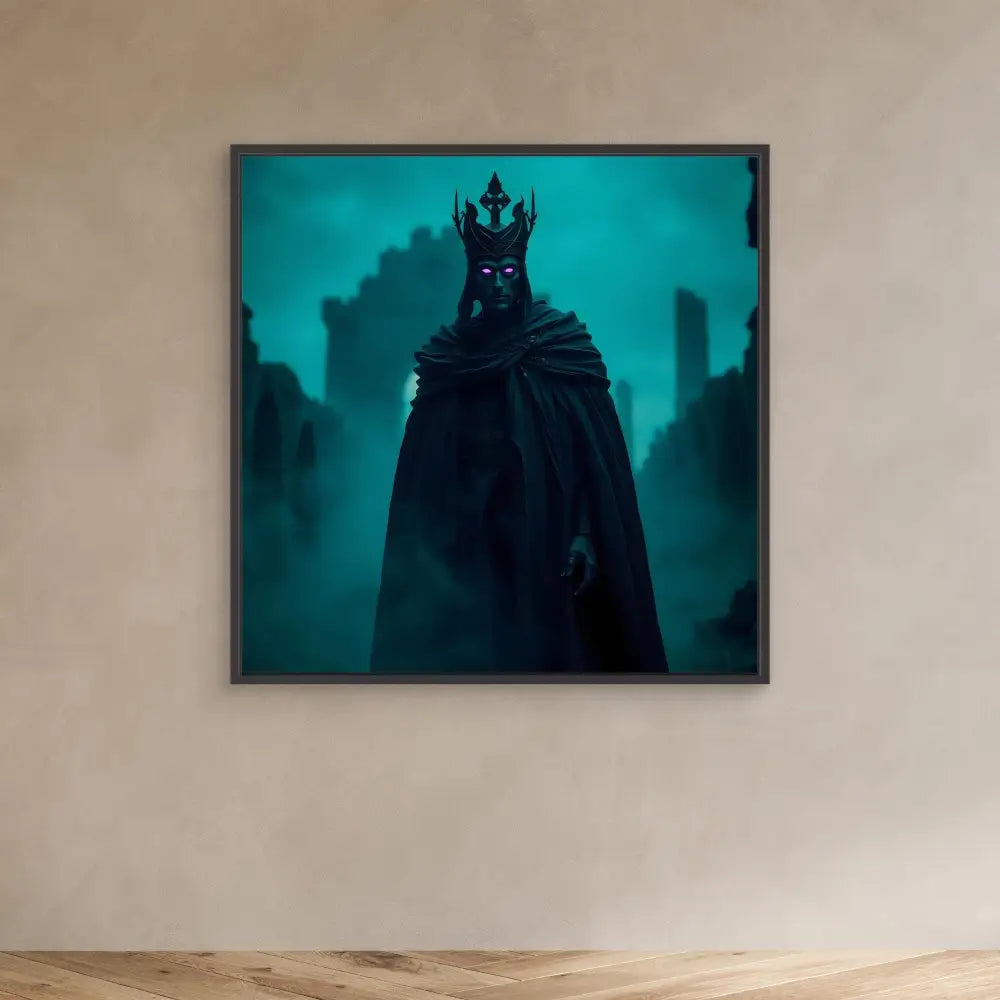 Dark cloaked figure wearing a spiked crown against a teal backdrop.